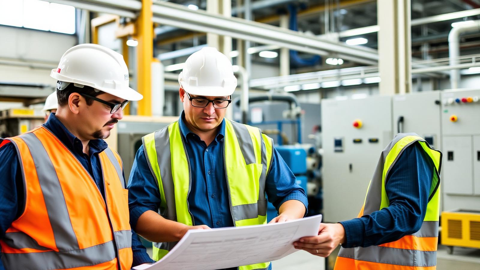 Ingenieros salvadoreños revisando planos en una planta industrial